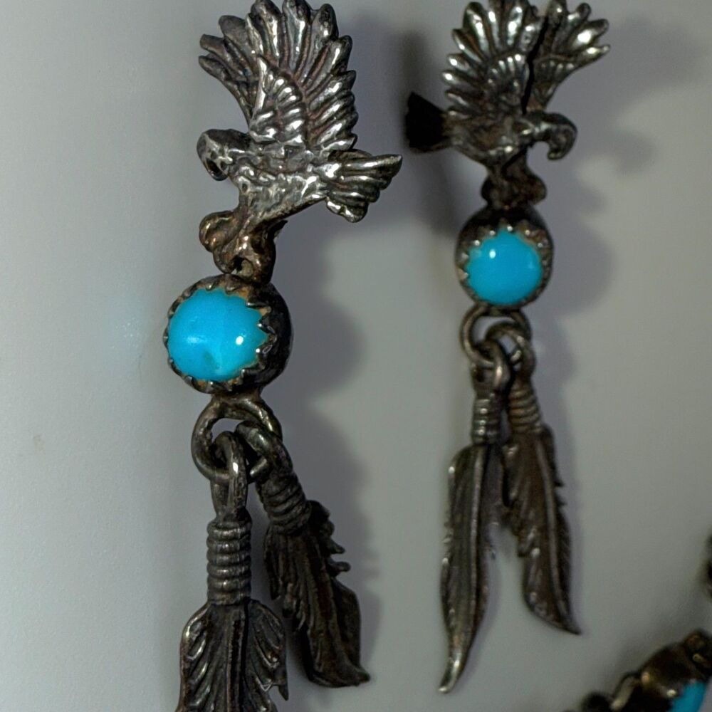 Native American earrings necklace eagle feather turquoise gems vintage jewelry - Picture 4 of 11